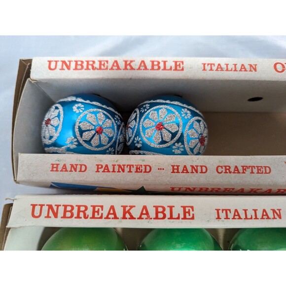 Vintage Unbreakable Italian Stencil Ornaments w/Boxes Lot Of 10 Red Blue Green - Picture 5 of 10